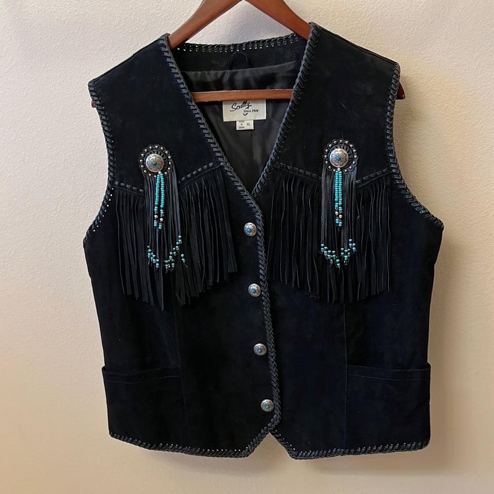 Scully Black Suede Fringe Vest with Turquoise Bead Conchos